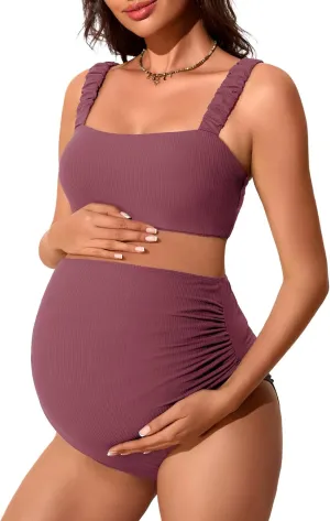 Summer Mae Ribbed Maternity Bikini Swimsuit for Women High Waisted Two-Piece Bathing Suit Crop Top Pregnancy Swimwear