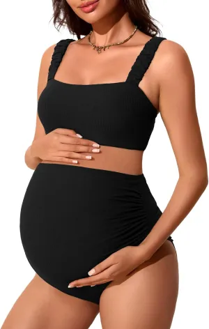 Summer Mae Ribbed Maternity Bikini Swimsuit for Women High Waisted Two-Piece Bathing Suit Crop Top Pregnancy Swimwear