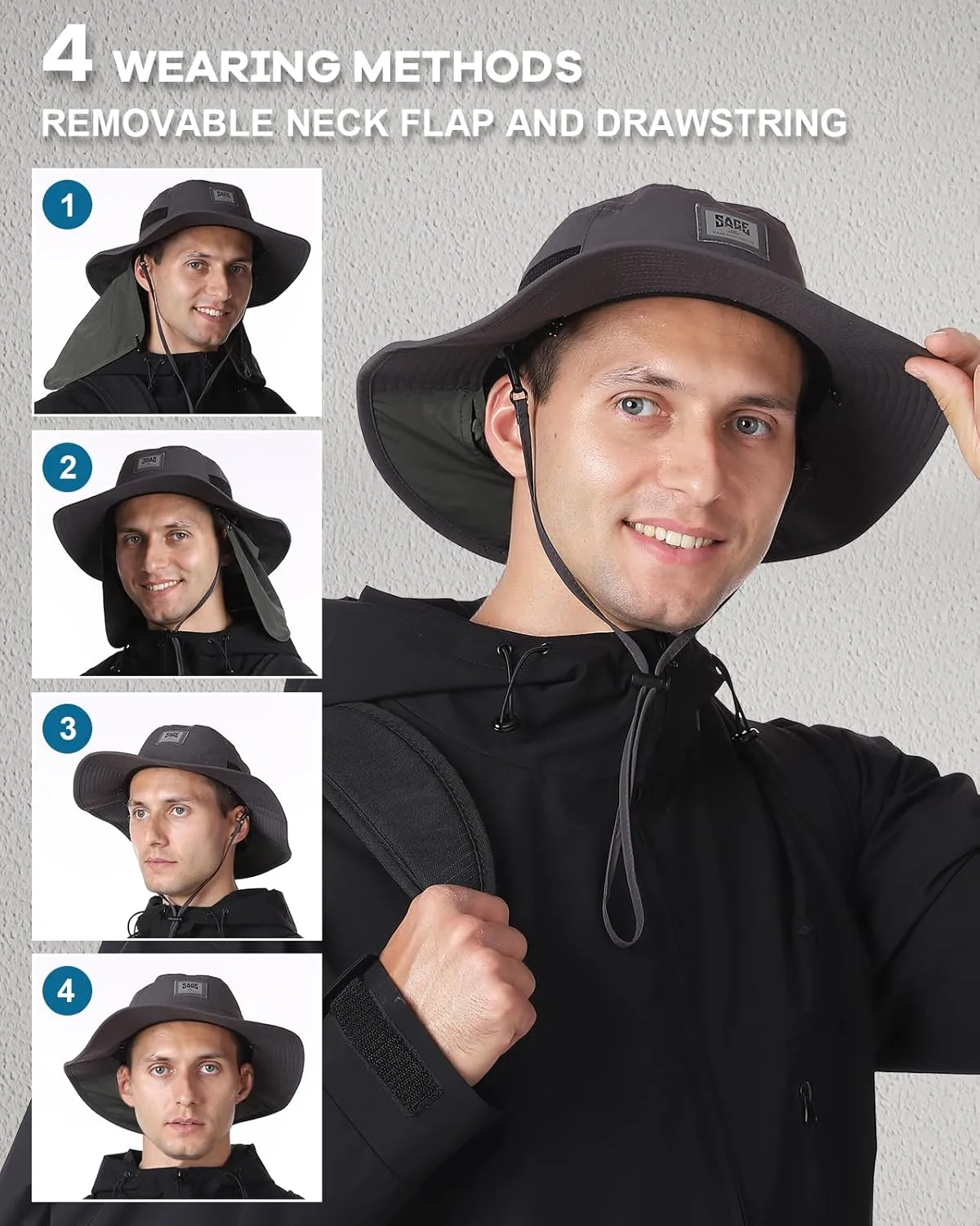 Sun Hat with Removable Neck Flap, UPF 50  Breathable Lightweight Fishing Hat, Quick-Drying Safari Hat for Garden Hiking
