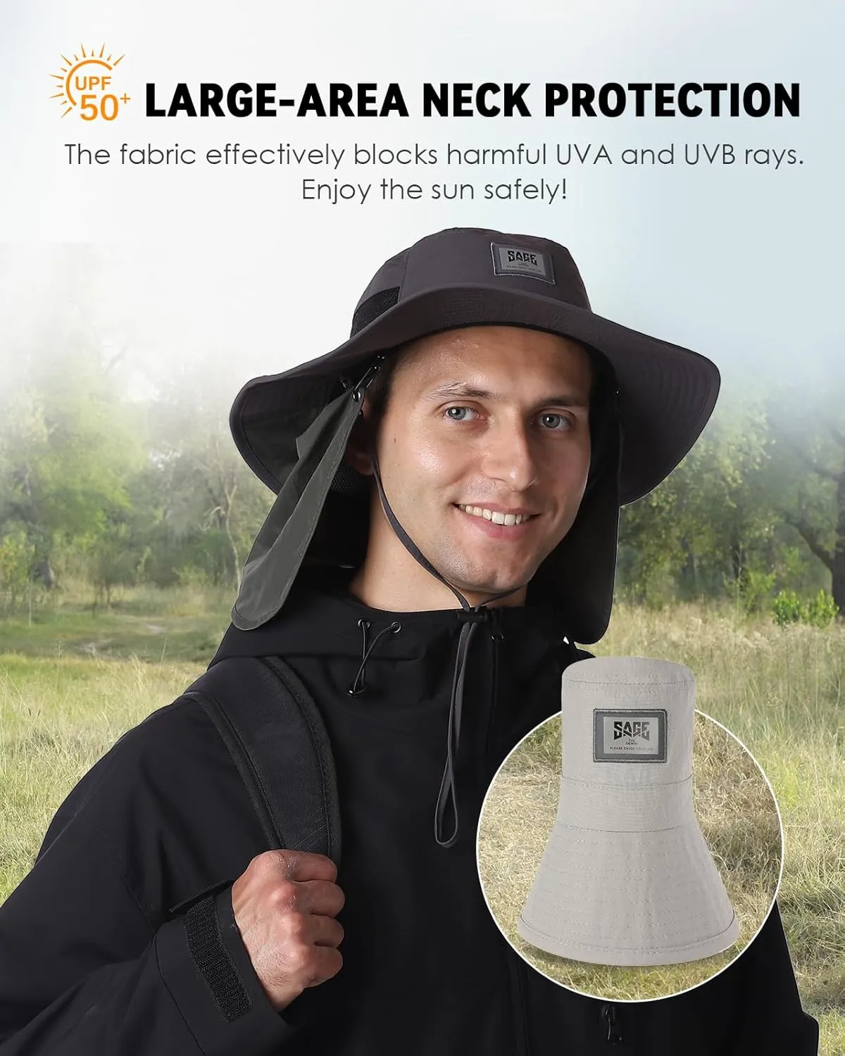 Sun Hat with Removable Neck Flap, UPF 50  Breathable Lightweight Fishing Hat, Quick-Drying Safari Hat for Garden Hiking