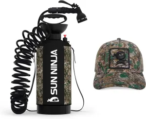 SUN NINJA Portable Shower Bundle with Trucker Hat, 8L Pressurized Outdoor Shower with 7-Mode Spray, Neoprene Cover for Warmer Water, Breathable Mesh Sun Protection, Easy to Carry
