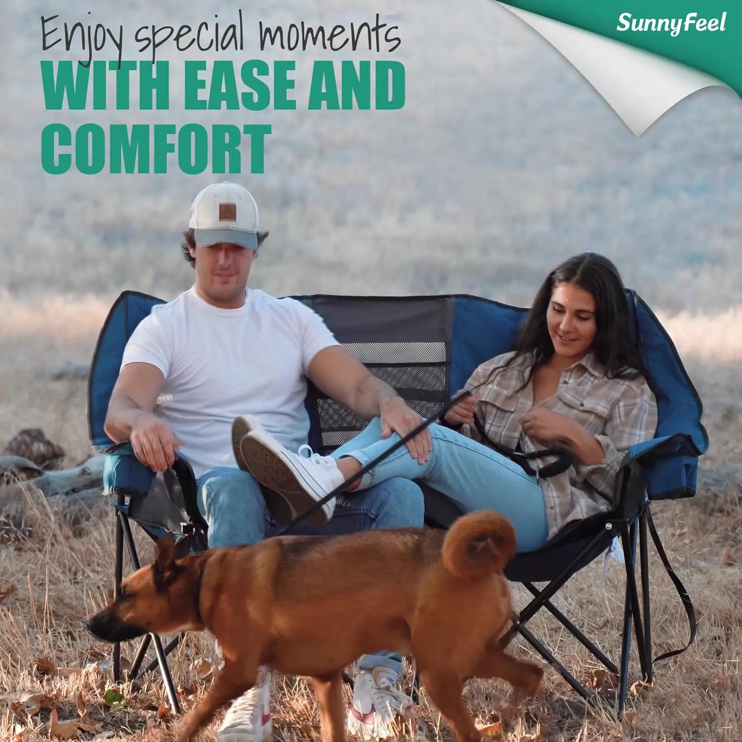 SUNNYFEEL Heated Double Camping Chair, Oversized Folding Loveseat Chair, Heavy Duty Portable/Foldable Lawn Chair for Beach/Outdoor/Travel/Picnic, Fold Up Camp Chairs for Adults 2 People