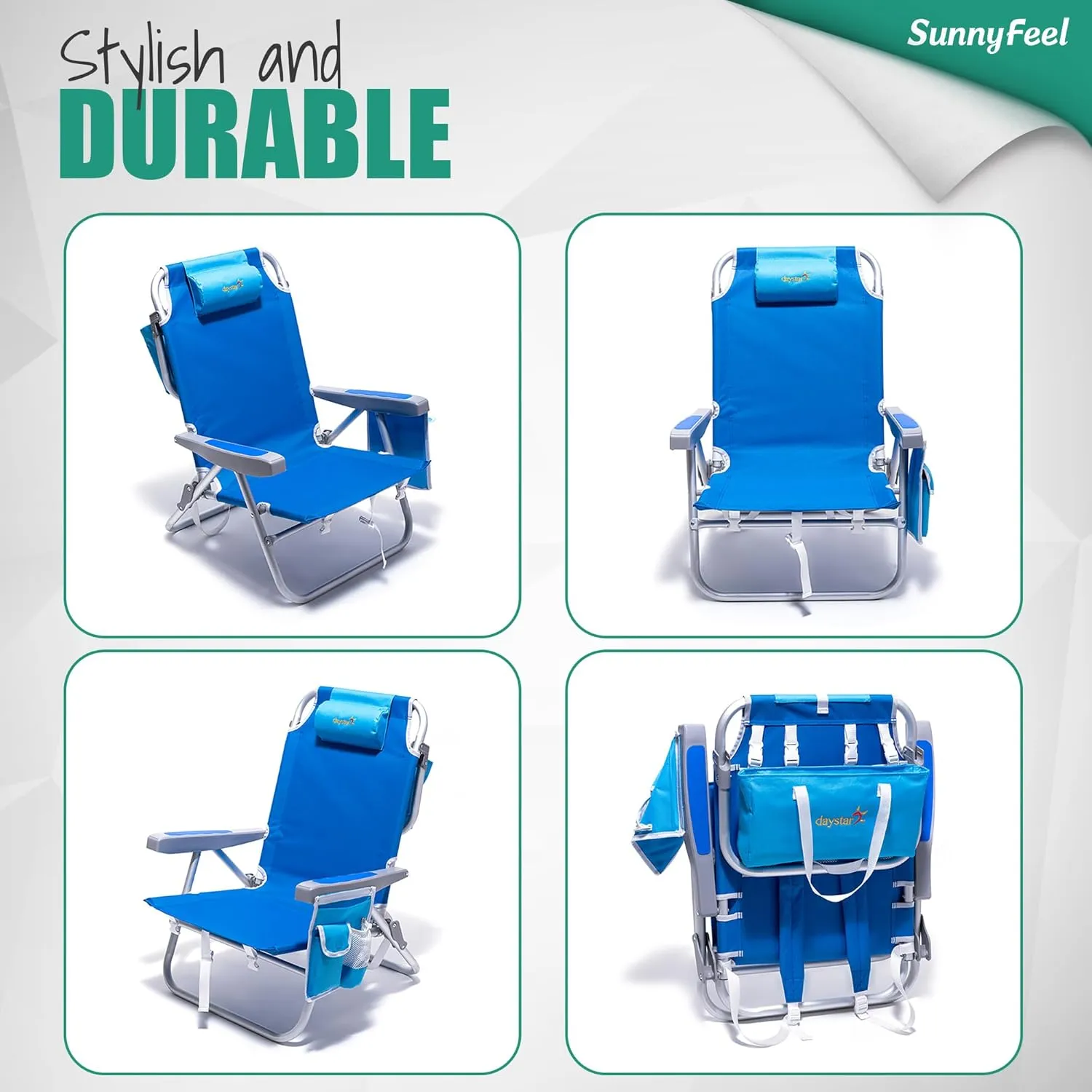 SUNNYFEEL Low Beach Chair 5 Position Lay Flat, Portable Folding Backpack Beach Chairs Heavy Duty with Cooler Bag, Cup Holder for Outdoor/Lawn/Trip/Picnic/Fishing, Foldable Camping Chair (New Blue)