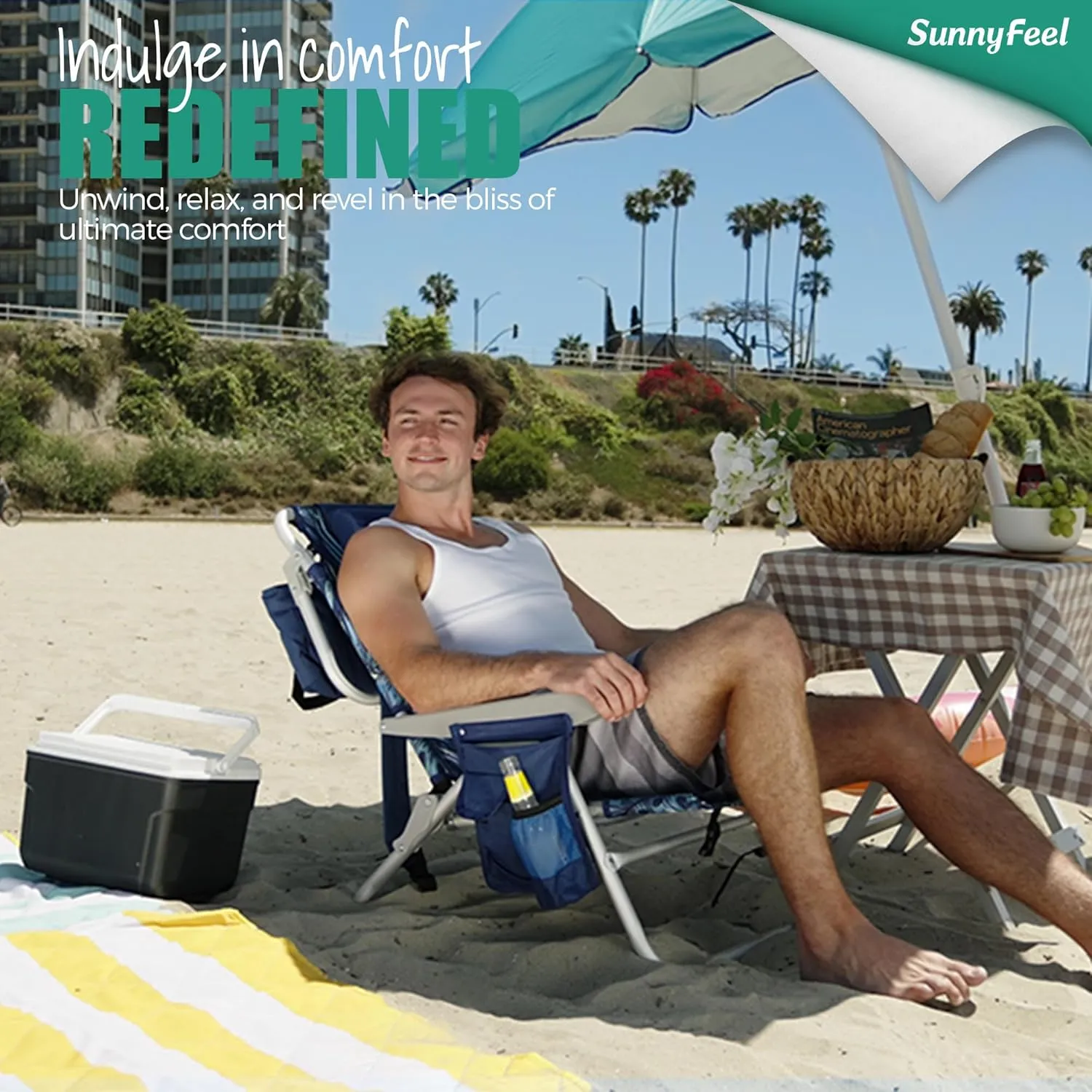 SUNNYFEEL Low Beach Chair 5 Position Lay Flat, Portable Folding Backpack Beach Chairs Heavy Duty with Cooler Bag, Cup Holder for Outdoor/Lawn/Trip/Picnic/Fishing, Foldable Camping Chair (New Blue)
