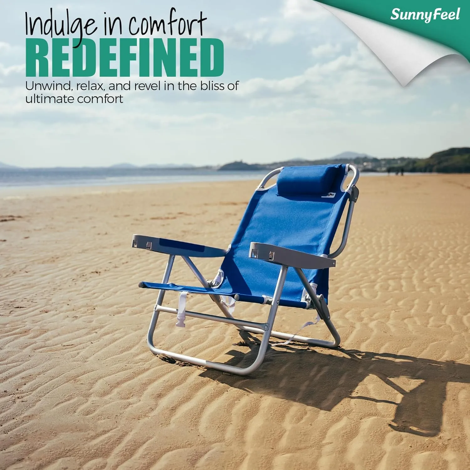SUNNYFEEL Low Folding Beach Chair 500 LBS Heavy Duty 5 Position Lay Flat, XL Oversized Portable Sand Camping Chairs with Cup Holder for Outdoor/Trip, Lightweight Backpack Beach Chairs for Adults