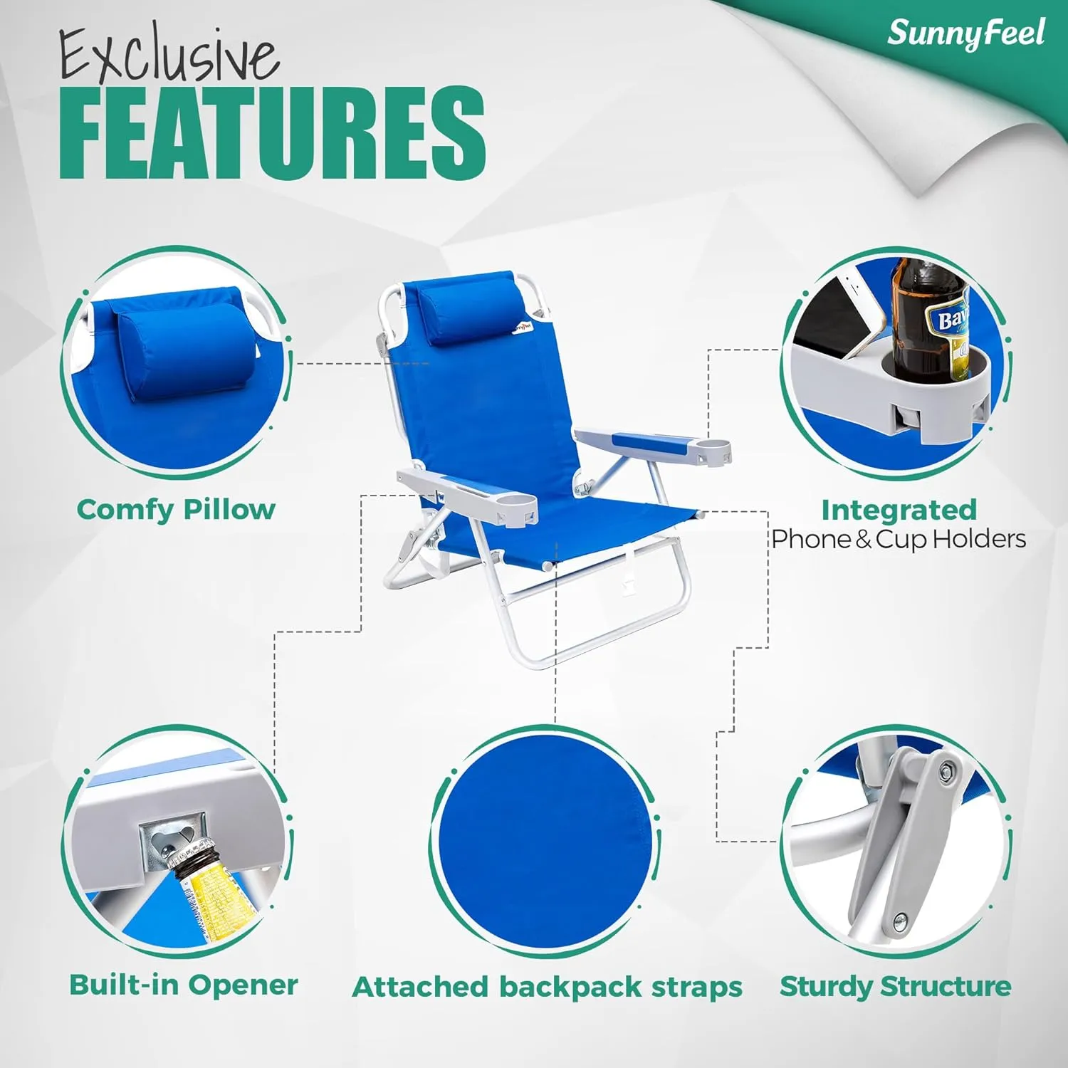 SUNNYFEEL Low Folding Beach Chair 500 LBS Heavy Duty 5 Position Lay Flat, XL Oversized Portable Sand Camping Chairs with Cup Holder for Outdoor/Trip, Lightweight Backpack Beach Chairs for Adults