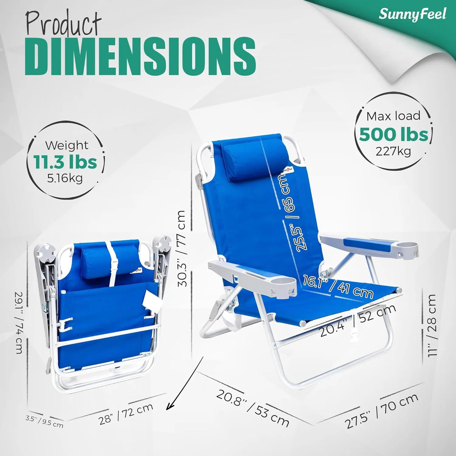 SUNNYFEEL Low Folding Beach Chair 500 LBS Heavy Duty 5 Position Lay Flat, XL Oversized Portable Sand Camping Chairs with Cup Holder for Outdoor/Trip, Lightweight Backpack Beach Chairs for Adults