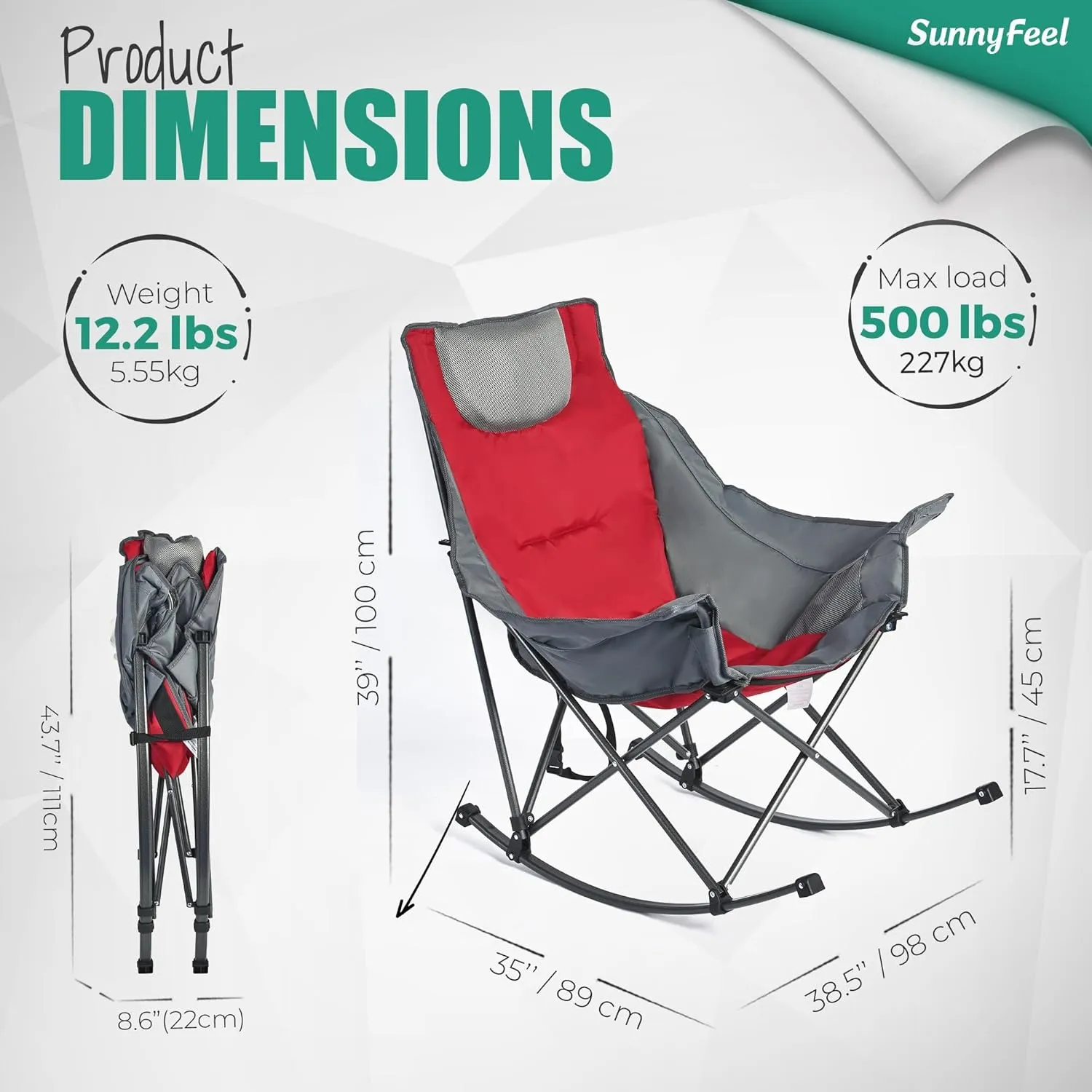 SUNNYFEEL Rocking Camping Chair, Luxury Padded Recliner, Oversized Folding Lawn Chair with Pocket, Heavy Duty for Outdoor/Picnic/Lounge/Patio, Portable Camp Rocker Chairs with Carry Bag