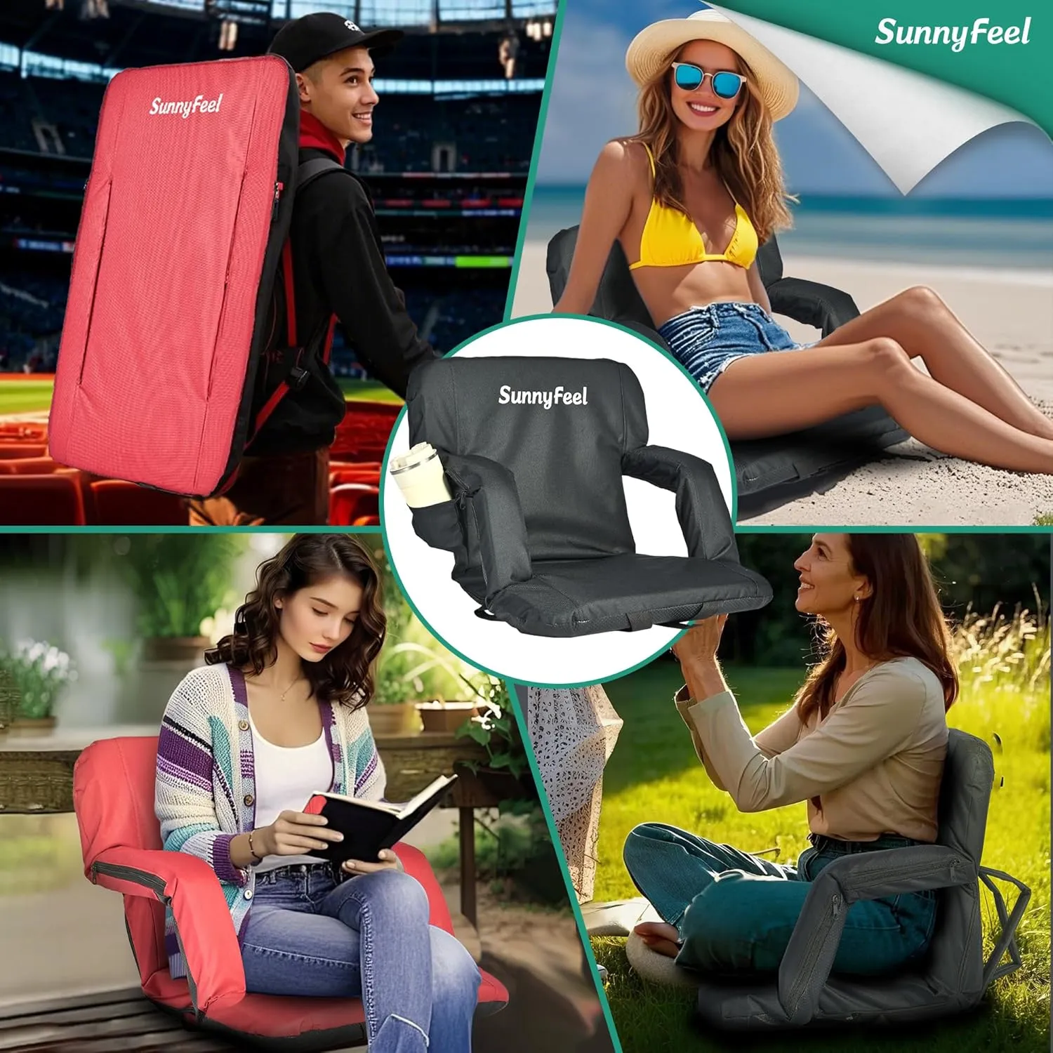 SUNNYFEEL Stadium Seats with Back Support Cushion Wide for Bleachers, Bleacher Chairs with Back and Cushion Padded Portable, Stadium Chairs with 5 Hidden Pockets (Black-2 Pack, Extra Wide 25.2'')