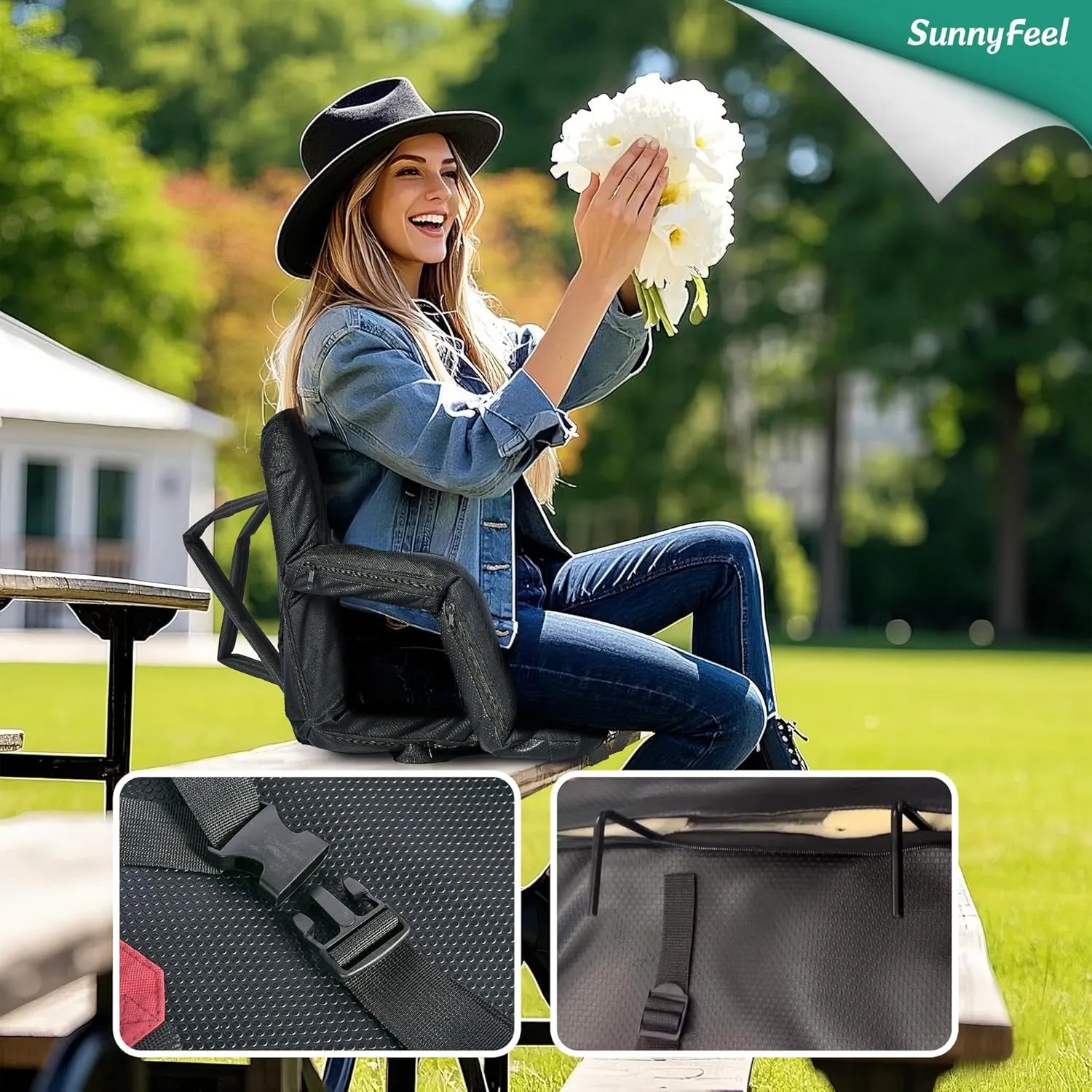 SUNNYFEEL Stadium Seats with Back Support Cushion Wide for Bleachers, Bleacher Chairs with Back and Cushion Padded Portable, Stadium Chairs with 5 Hidden Pockets (Black-2 Pack, Extra Wide 25.2'')
