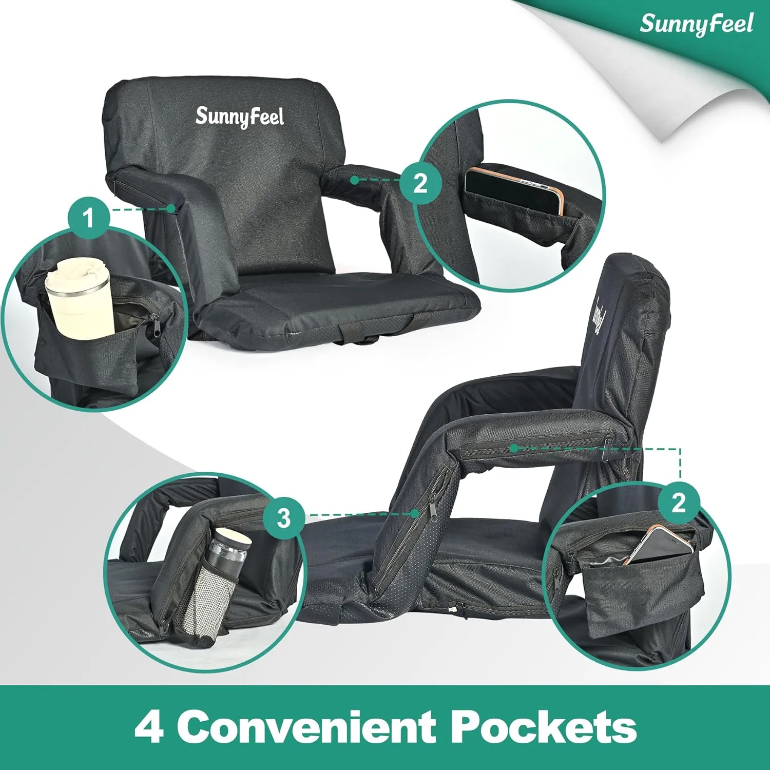 SUNNYFEEL Stadium Seats with Back Support Cushion Wide for Bleachers, Bleacher Chairs with Back and Cushion Padded Portable, Stadium Chairs with 5 Hidden Pockets (Black-2 Pack, Extra Wide 25.2'')