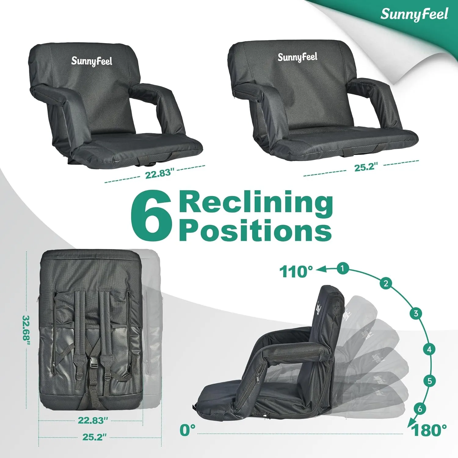 SUNNYFEEL Stadium Seats with Back Support Cushion Wide for Bleachers, Bleacher Chairs with Back and Cushion Padded Portable, Stadium Chairs with 5 Hidden Pockets (Black-2 Pack, Extra Wide 25.2'')