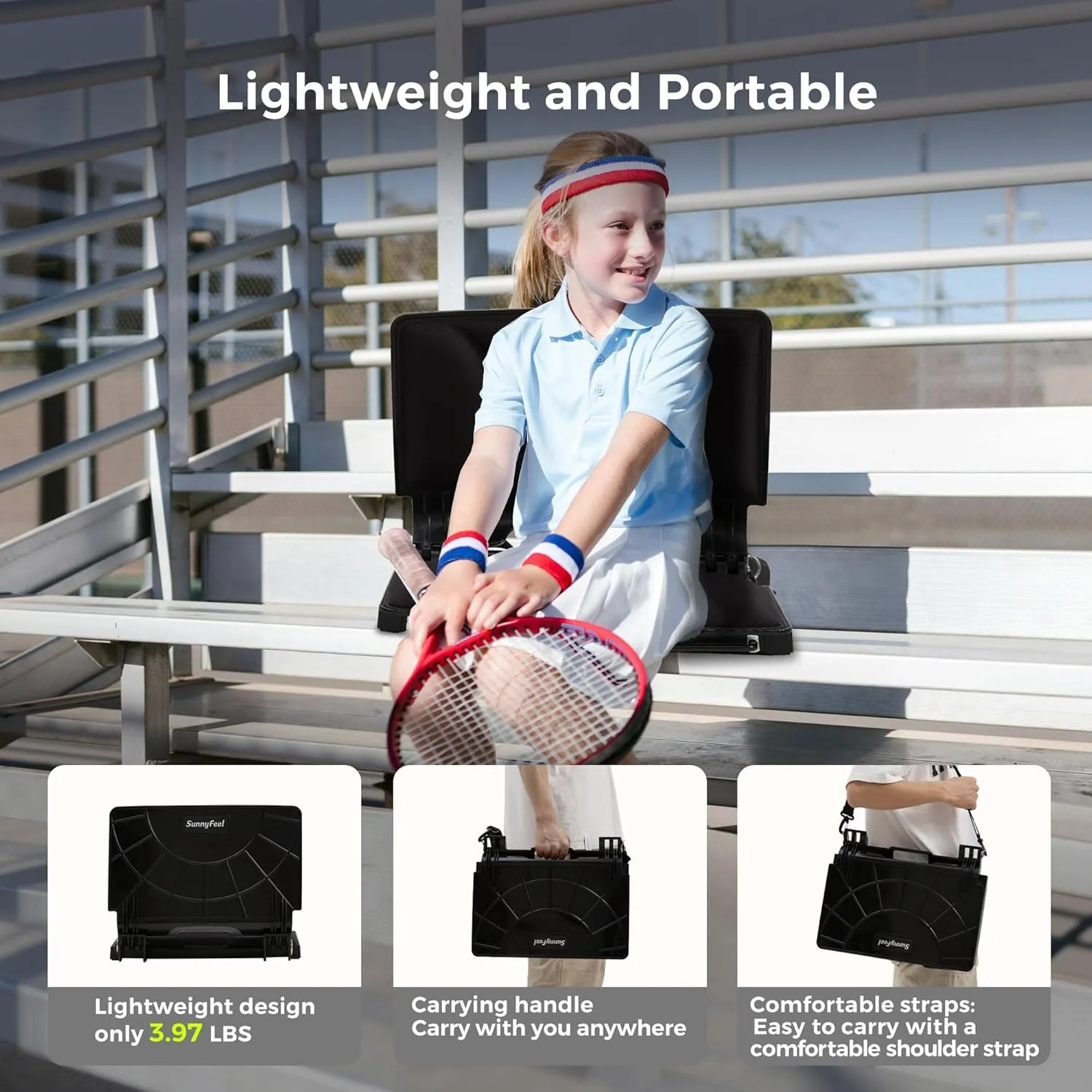 SUNNYFEEL Stadium Seats with Back Support Cushion Wide for Bleachers, Bleacher Chairs with Back and Cushion Padded Portable, Stadium Chairs with 5 Hidden Pockets (Black, Extra Wide 25.2'') (1, Low)