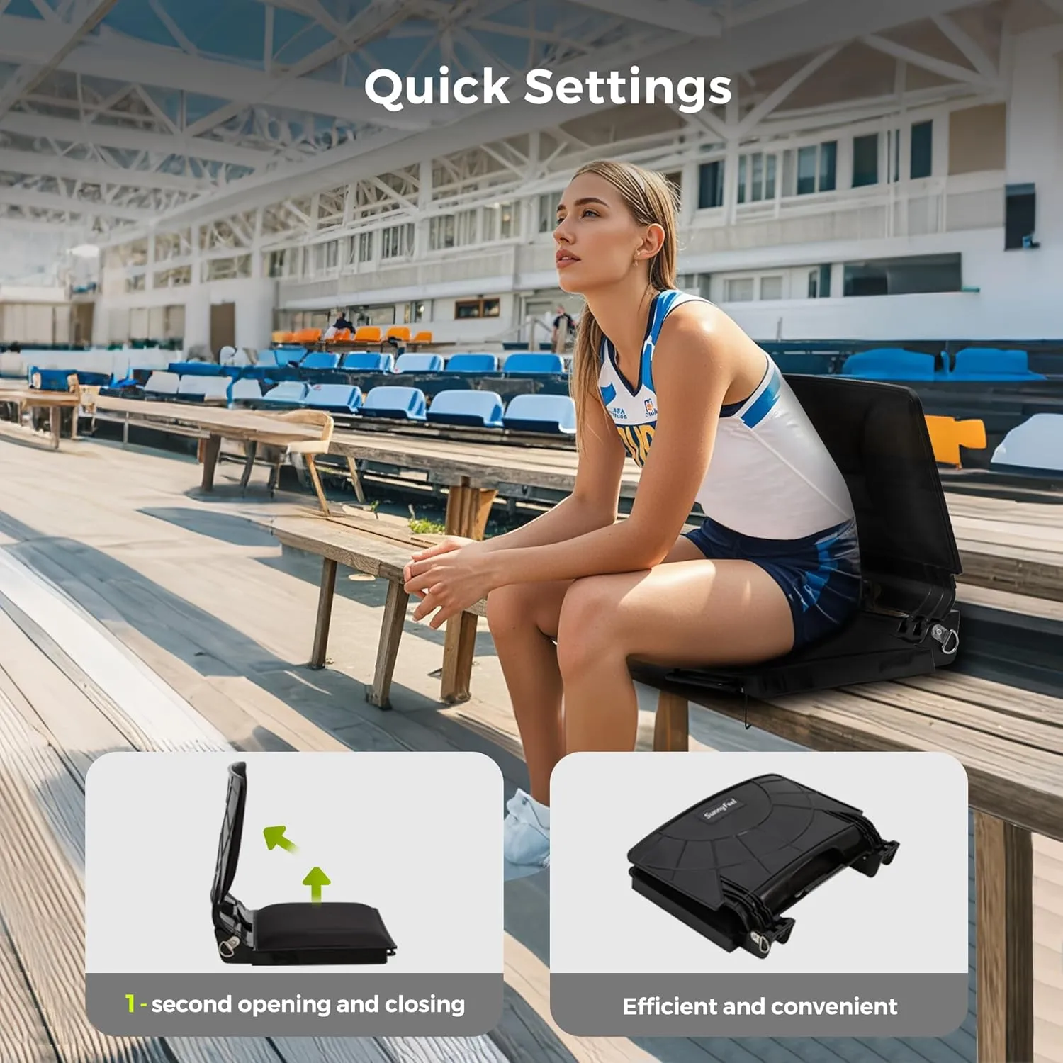 SUNNYFEEL Stadium Seats with Back Support Cushion Wide for Bleachers, Bleacher Chairs with Back and Cushion Padded Portable, Stadium Chairs with 5 Hidden Pockets (Black, Extra Wide 25.2'') (1, Low)