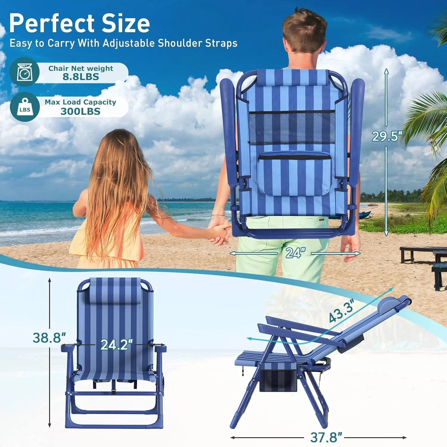 Suteck Backpack Beach Chair, 6-Positions Beach Chairs for Adults with Cooler Bag, Reclining Beach Chair with Cup Holder Folding Camping Chair for Sand Outdoor