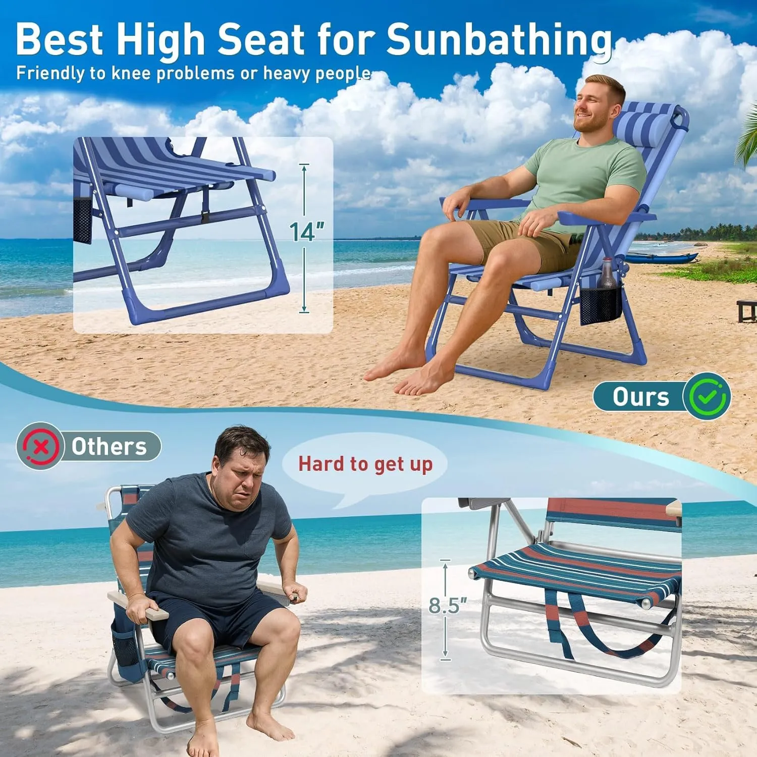Suteck Backpack Beach Chair, 6-Positions Beach Chairs for Adults with Cooler Bag, Reclining Beach Chair with Cup Holder Folding Camping Chair for Sand Outdoor