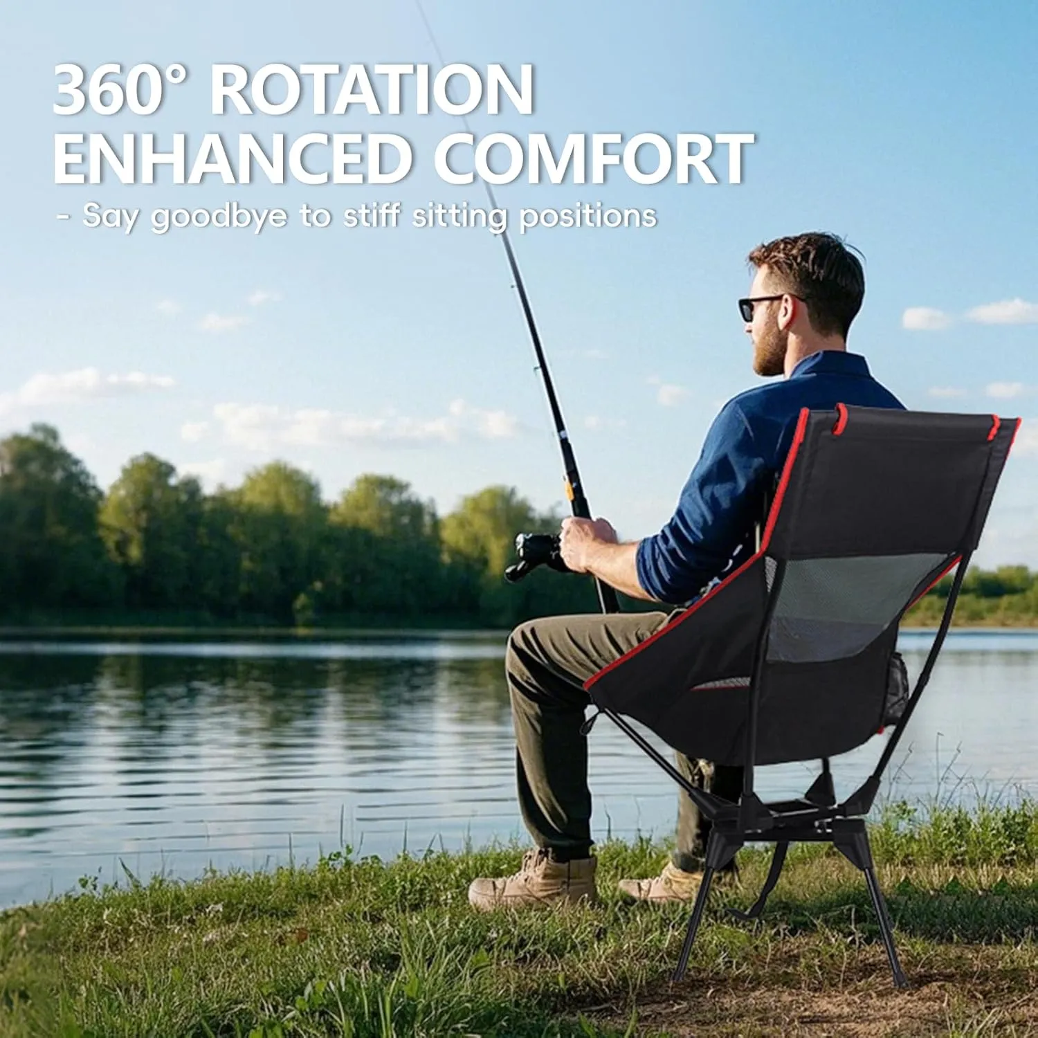 Swivel Camping Chair, High Back Folding Chair with Head Support, Side Cup Pocket, Stable Portable Outdoor Chair for Camp, Travel, Beach, Party, Fishing, Hiking, Backpacking, Black Red