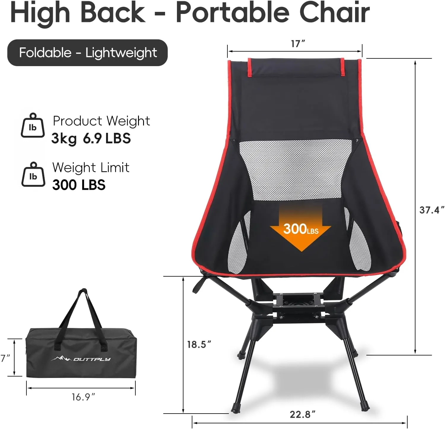Swivel Camping Chair, High Back Folding Chair with Head Support, Side Cup Pocket, Stable Portable Outdoor Chair for Camp, Travel, Beach, Party, Fishing, Hiking, Backpacking, Black Red