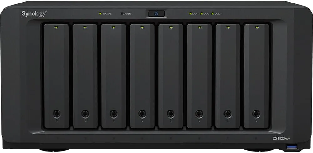 Synology DiskStation DS1823xs  NAS Server with Ryzen 3.35GHz CPU, 32GB Memory, 64TB HDD Storage, 1TB M.2 NVMe SSD, 1 x 10GbE LAN Port, DSM Operating System