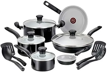 T-fal Initiatives Ceramic Non Stick Cookware Set 14 Piece, Oven Broiler Safe 350F, Kitchen Cooking Set W/Fry Pans, Saucepans, Dutch Oven, Utensils, Healthy Cooking, Pots and Pans, Home, Black