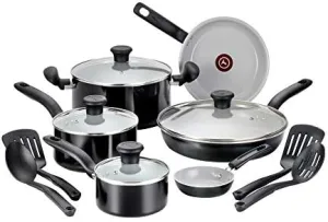T-fal Initiatives Ceramic Non Stick Cookware Set 14 Piece, Oven Broiler Safe 350F, Kitchen Cooking Set W/Fry Pans, Saucepans, Dutch Oven, Utensils, Healthy Cooking, Pots and Pans, Home, Black