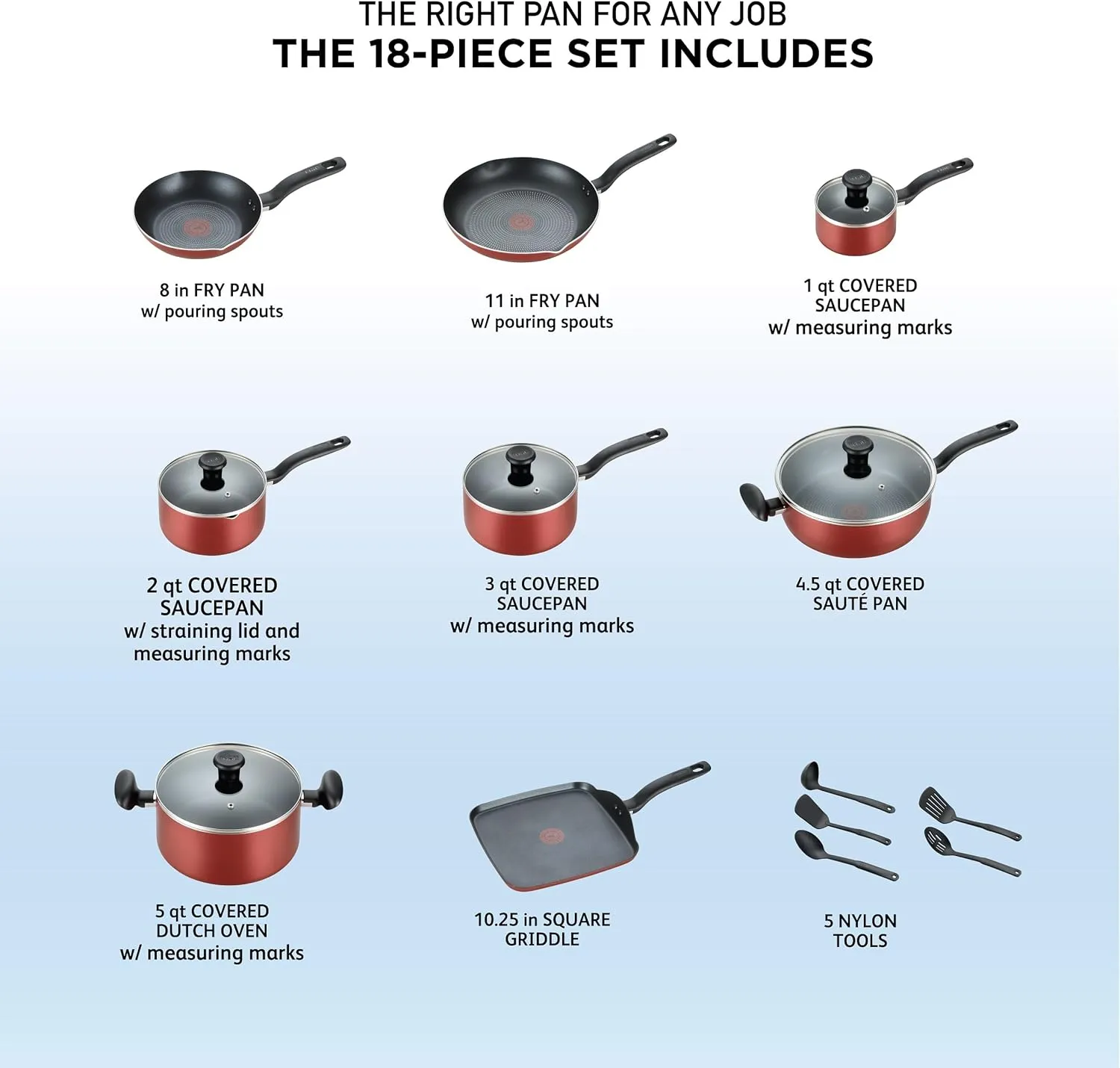 T-fal Initiatives Nonstick Cookware Set 18 Piece, Oven Broiler Safe 350F, Kitchen Cooking Set w/Fry Pans, Saucepans, Saute Pan, Dutch Oven, Griddle, Pots and Pans, Home, Dishwasher Safe, Red