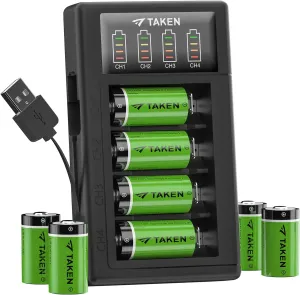 Taken CR123A Rechargeable Batteries 8 Pack, 3.7V 123A Lithium Battery with Charger Compatible for Arlo Security Cameras VMC3030 VMK3200 VMS3330 3430 3530, Flashlight Microphone