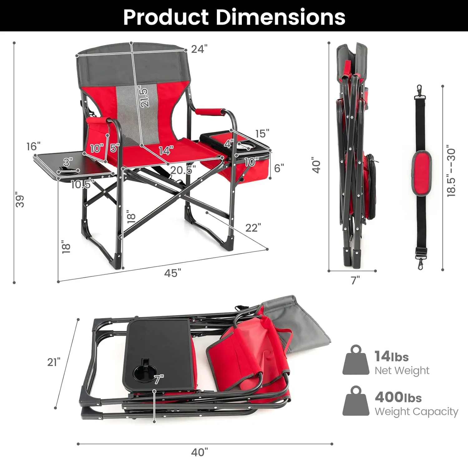 Tangkula Camping Chairs, Folding Camp Chair with Side Table, Cooler Bag, Portable Outside Padded Lawn Chair for Travel, Picnic, Fishing, Heavy Duty Oversized Director Chair for Adults, Supports 400lbs