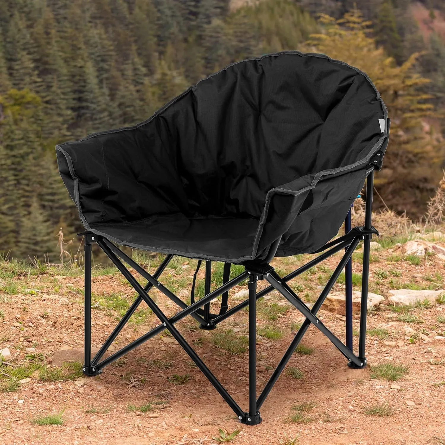 Tangkula Oversized Camping Chair, Outdoor Padded Folding Chair with Cup Holder, Moon Round Saucer Club Chair, Outside Foldable Camp Chair with Carry Bag for Picnic, Fishing, Hiking, Beach (1, Black)