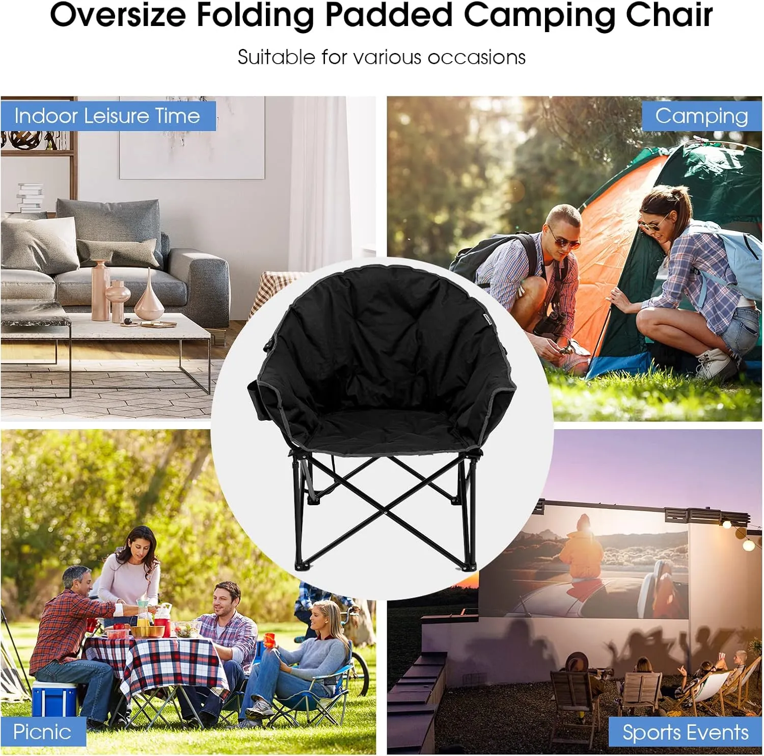 Tangkula Oversized Camping Chair, Outdoor Padded Folding Chair with Cup Holder, Moon Round Saucer Club Chair, Outside Foldable Camp Chair with Carry Bag for Picnic, Fishing, Hiking, Beach (1, Black)