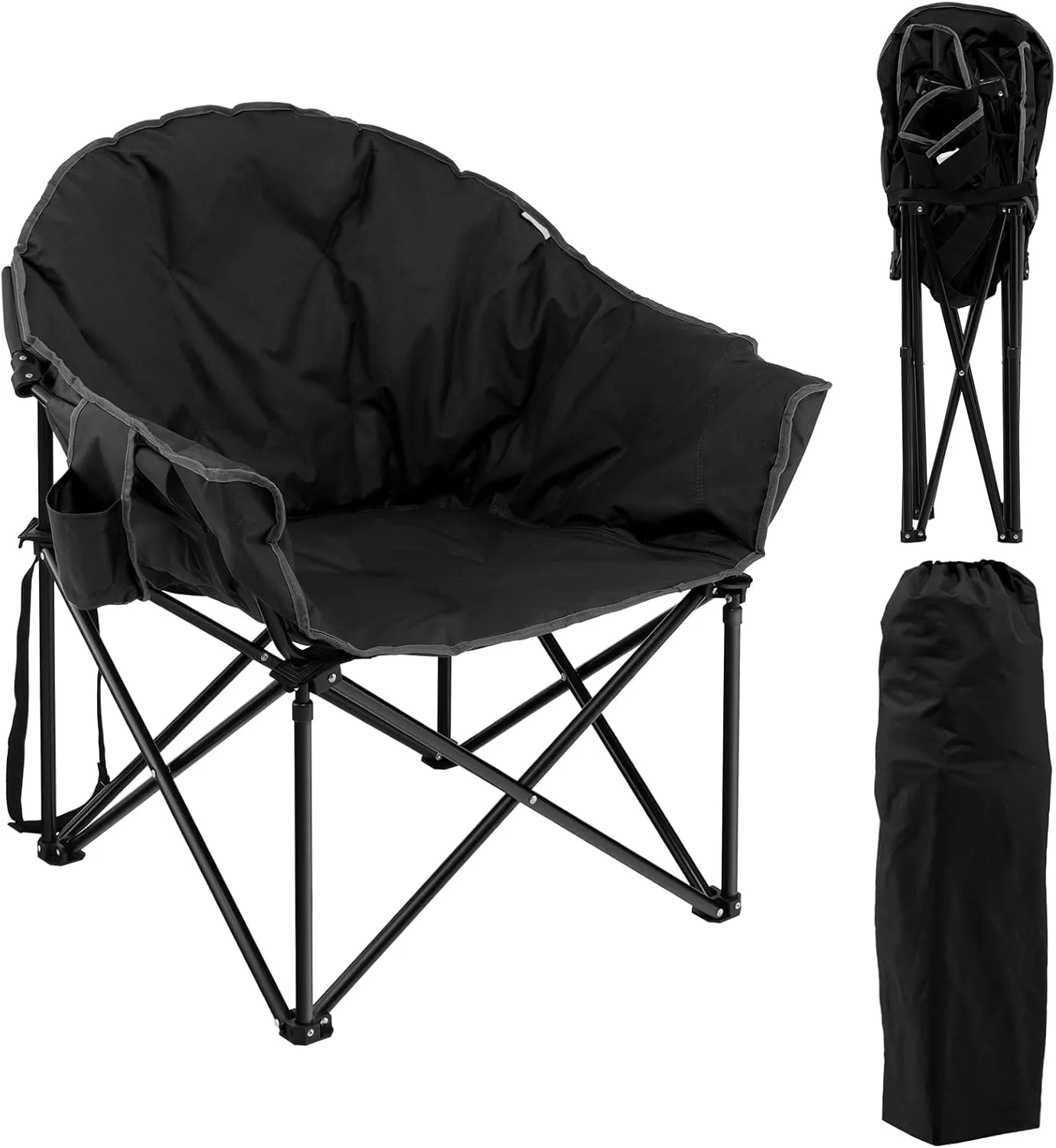 Tangkula Oversized Camping Chair, Outdoor Padded Folding Chair with Cup Holder, Moon Round Saucer Club Chair, Outside Foldable Camp Chair with Carry Bag for Picnic, Fishing, Hiking, Beach (1, Black)
