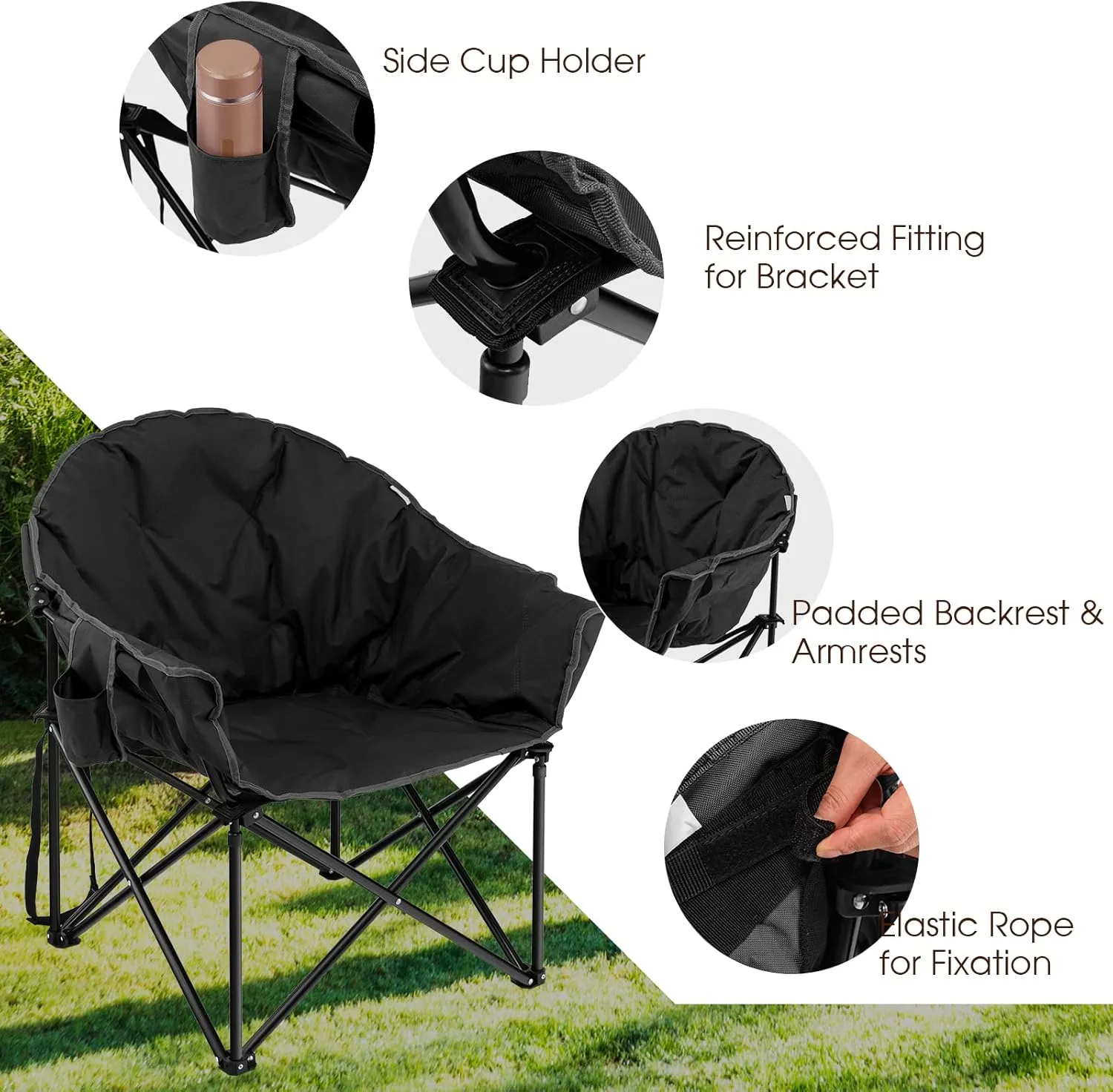 Tangkula Oversized Camping Chair, Outdoor Padded Folding Chair with Cup Holder, Moon Round Saucer Club Chair, Outside Foldable Camp Chair with Carry Bag for Picnic, Fishing, Hiking, Beach (1, Black)