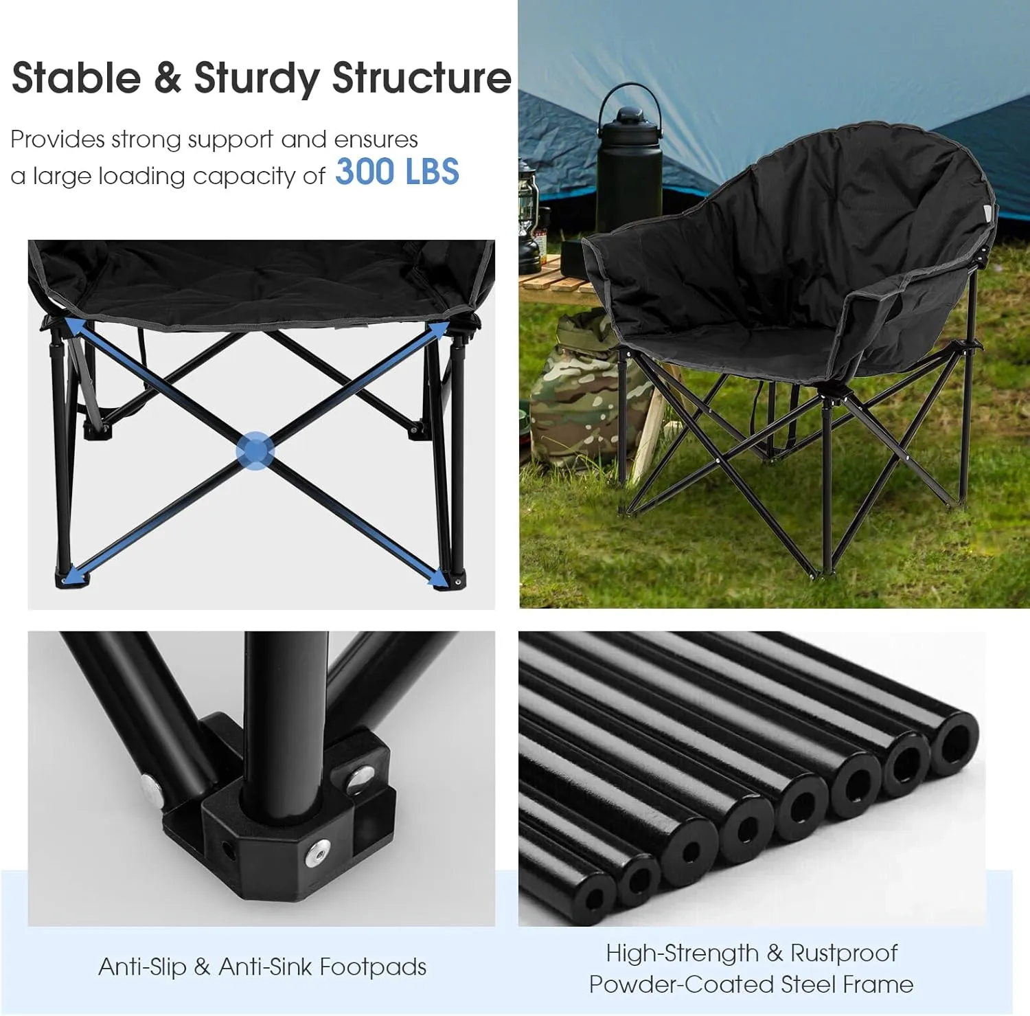 Tangkula Oversized Camping Chair, Outdoor Padded Folding Chair with Cup Holder, Moon Round Saucer Club Chair, Outside Foldable Camp Chair with Carry Bag for Picnic, Fishing, Hiking, Beach (1, Black)