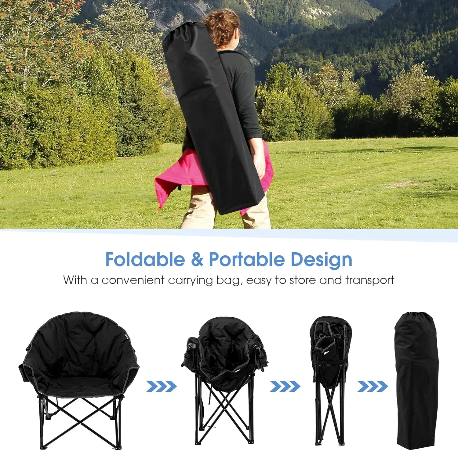 Tangkula Oversized Camping Chair, Outdoor Padded Folding Chair with Cup Holder, Moon Round Saucer Club Chair, Outside Foldable Camp Chair with Carry Bag for Picnic, Fishing, Hiking, Beach (1, Black)