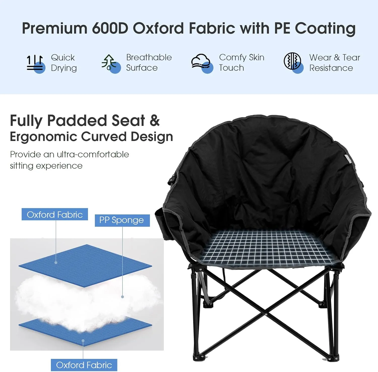 Tangkula Oversized Camping Chair, Outdoor Padded Folding Chair with Cup Holder, Moon Round Saucer Club Chair, Outside Foldable Camp Chair with Carry Bag for Picnic, Fishing, Hiking, Beach (1, Black)