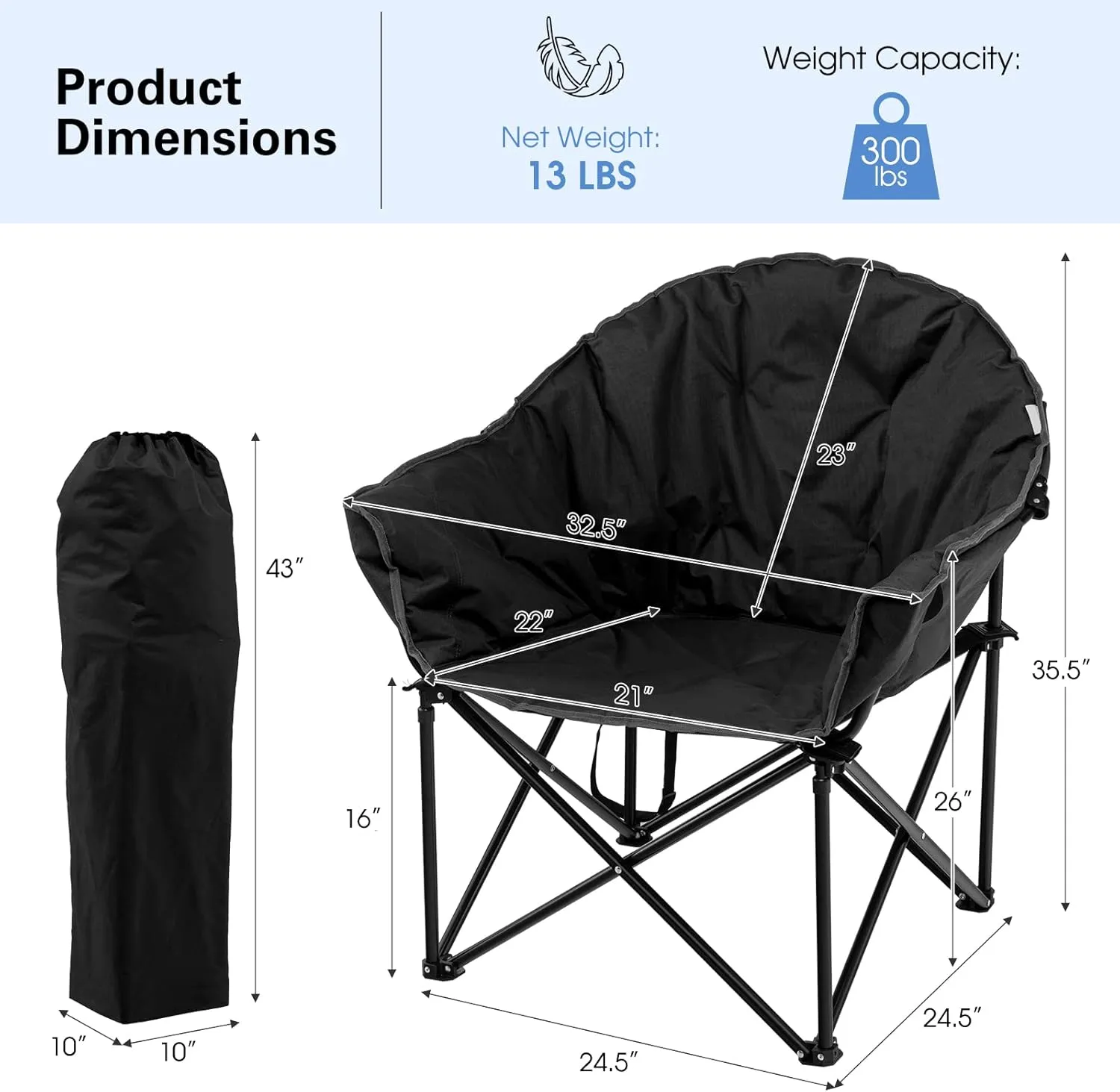 Tangkula Oversized Camping Chair, Outdoor Padded Folding Chair with Cup Holder, Moon Round Saucer Club Chair, Outside Foldable Camp Chair with Carry Bag for Picnic, Fishing, Hiking, Beach (1, Black)