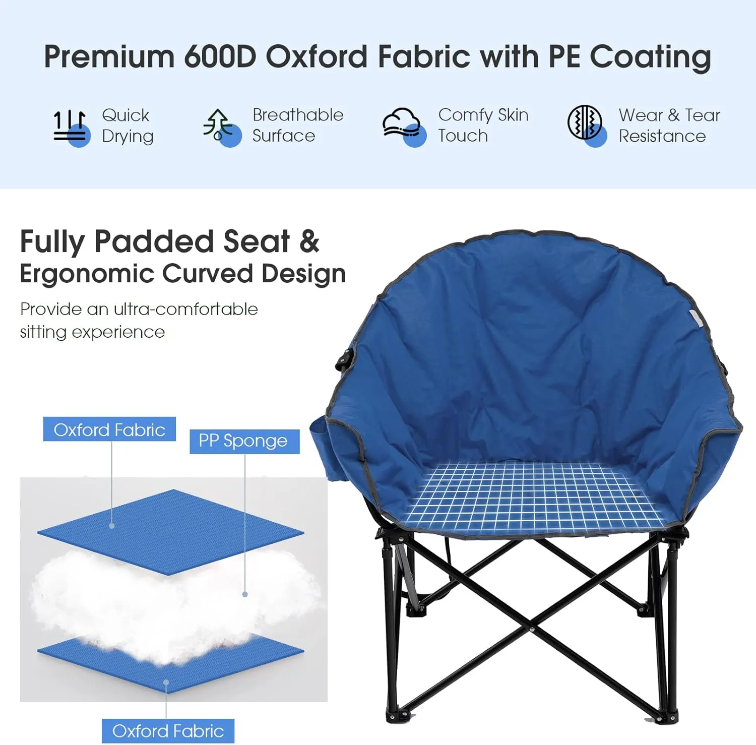 Tangkula Oversized Camping Chair, Outdoor Padded Folding Chair with Cup Holder, Moon Round Saucer Club Chair, Outside Foldable Camp Chair with Carry Bag for Picnic, Fishing, Hiking, Beach (1, Blue)