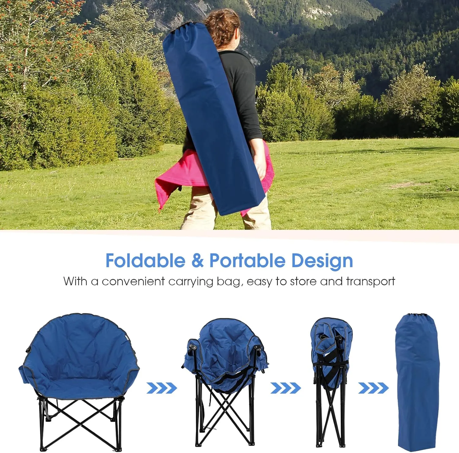 Tangkula Oversized Camping Chair, Outdoor Padded Folding Chair with Cup Holder, Moon Round Saucer Club Chair, Outside Foldable Camp Chair with Carry Bag for Picnic, Fishing, Hiking, Beach (1, Blue)