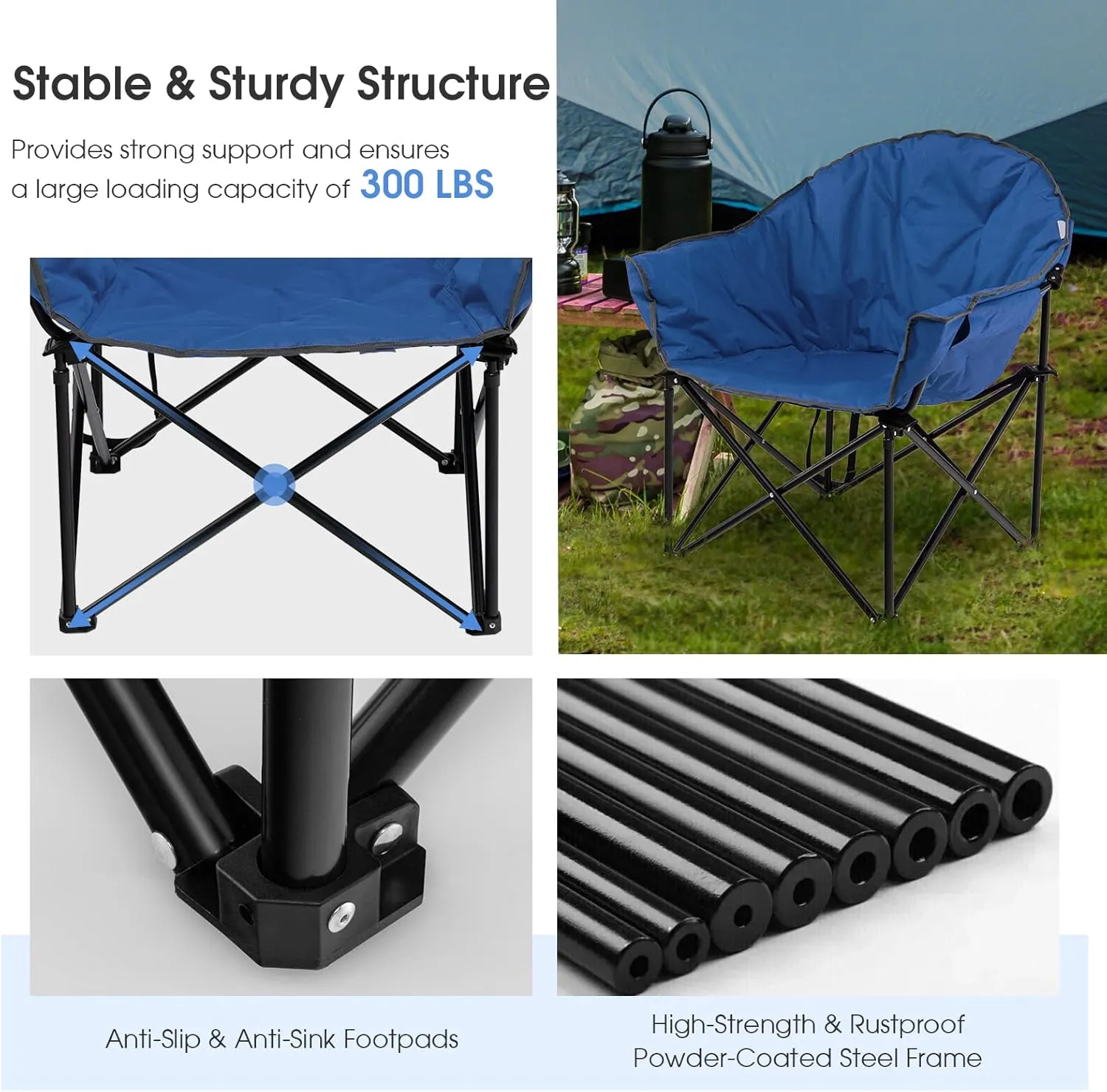 Tangkula Oversized Camping Chair, Outdoor Padded Folding Chair with Cup Holder, Moon Round Saucer Club Chair, Outside Foldable Camp Chair with Carry Bag for Picnic, Fishing, Hiking, Beach (1, Blue)