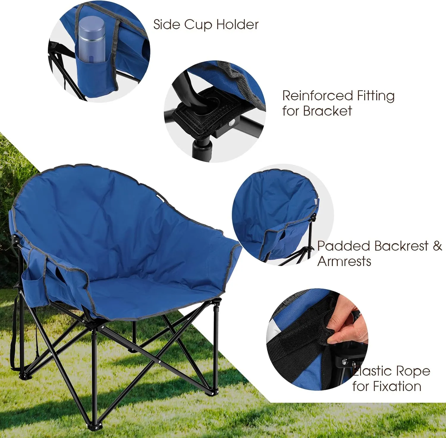Tangkula Oversized Camping Chair, Outdoor Padded Folding Chair with Cup Holder, Moon Round Saucer Club Chair, Outside Foldable Camp Chair with Carry Bag for Picnic, Fishing, Hiking, Beach (1, Blue)