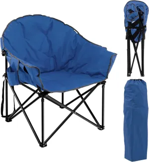 Tangkula Oversized Camping Chair, Outdoor Padded Folding Chair with Cup Holder, Moon Round Saucer Club Chair, Outside Foldable Camp Chair with Carry Bag for Picnic, Fishing, Hiking, Beach (1, Blue)