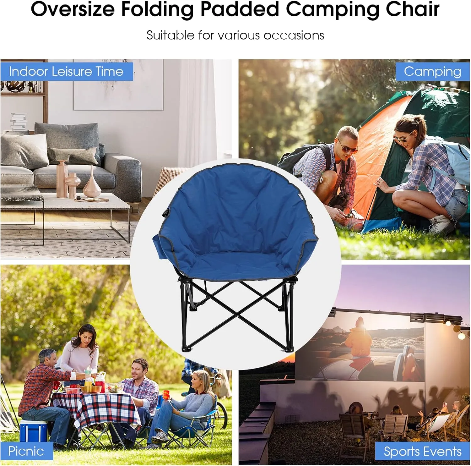 Tangkula Oversized Camping Chair, Outdoor Padded Folding Chair with Cup Holder, Moon Round Saucer Club Chair, Outside Foldable Camp Chair with Carry Bag for Picnic, Fishing, Hiking, Beach (1, Blue)