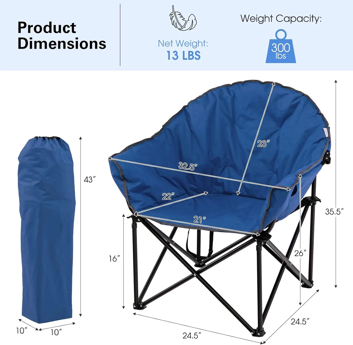 Tangkula Oversized Camping Chair, Outdoor Padded Folding Chair with Cup Holder, Moon Round Saucer Club Chair, Outside Foldable Camp Chair with Carry Bag for Picnic, Fishing, Hiking, Beach (1, Blue)