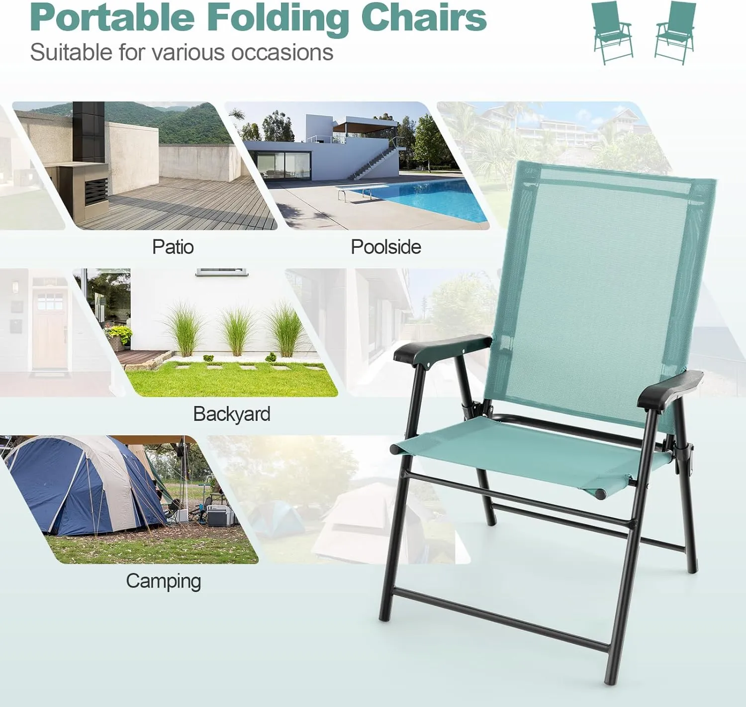 Tangkula Patio Folding Chairs Set of 2, Outdoor Sling Chairs with Breathable Fabric Back & Seat, Portable Dining Camping Chairs for Poolside, Yard, Garden, Deck, Lawn, Beach (Mint Green)