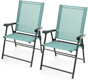 Tangkula Patio Folding Chairs Set of 2, Outdoor Sling Chairs with Breathable Fabric Back & Seat, Portable Dining Camping Chairs for Poolside, Yard, Garden, Deck, Lawn, Beach (Mint Green)