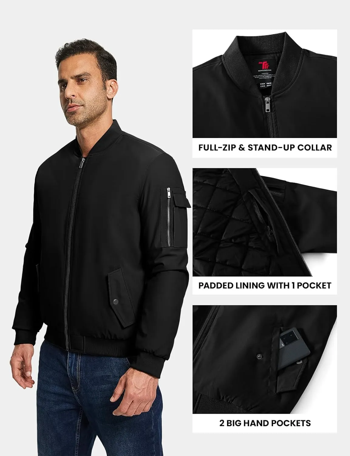 TBMPOY Men's Bomber Jacket Lightweight Winter Windbreaker Zip Up Padded Softshell Windproof Water-Resistant Casual Fall Coat