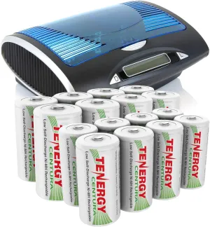 Tenergy Centura High Capacity Rechargeable Batteries 16 Pack C and D Rechargeable Batteries and Charger, 8xC 8xD and T9688 Smart Universal Battery Charger