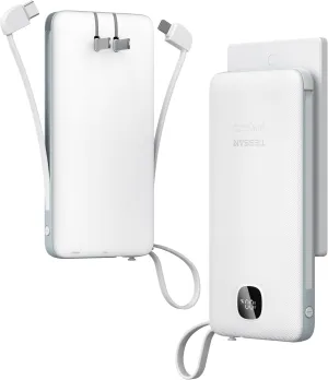 TESSAN Portable Charger with Built in Cables, 10000mAh Power Bank Fast Charging with Foldable Wall Plug Charger, 20W Compact Battery Pack Travel Essentials for iPhone 16/15 Series, Samsung, Tablets