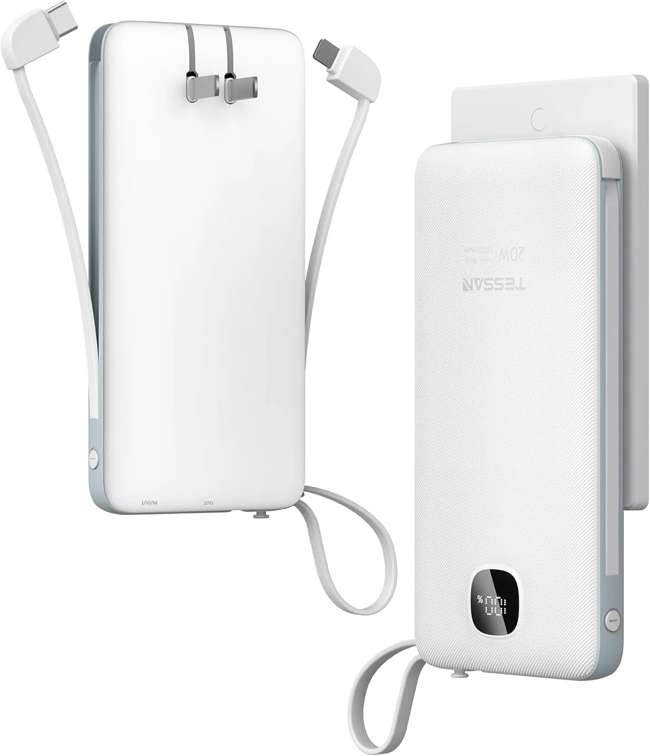 TESSAN Portable Charger with Built in Cables, 10000mAh Power Bank Fast Charging with Foldable Wall Plug Charger, 20W Compact Battery Pack Travel Essentials for iPhone 16/15 Series, Samsung, Tablets