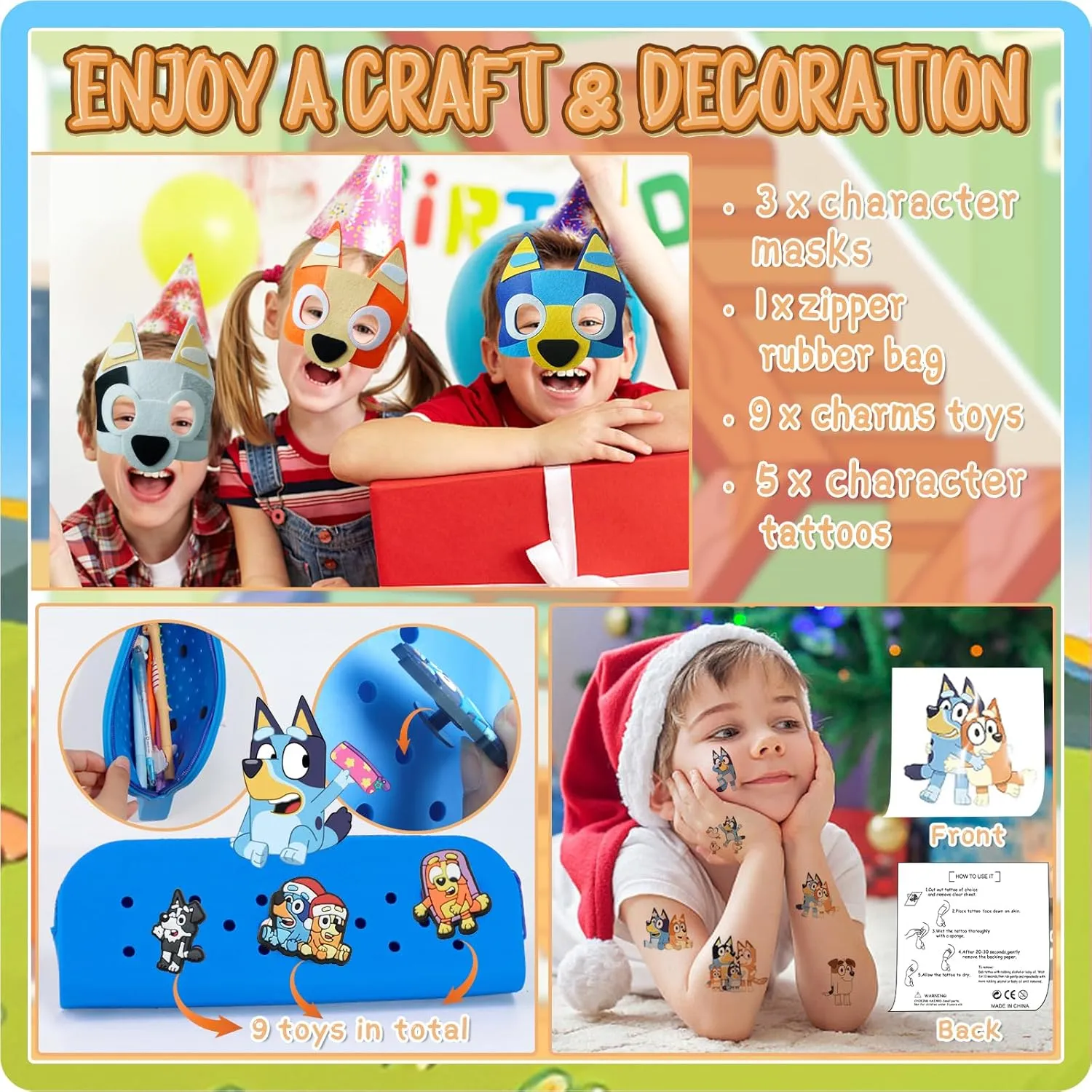 The Blue Heelers Gifts Set: Bath Bombs with Toys Inside, Shower Steamers, Felt Masks, Tattoos, Rubber Bag, Shoe Charms, Collapsible Cup, Storage Bag, Coloring, Gift Card&Sticker, Kids Best Gifts